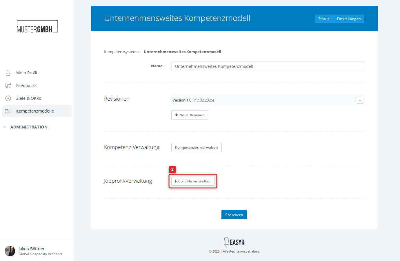 Kompetenzsystem-Einstellungen mit Link zur Jobprofil-Verwaltung