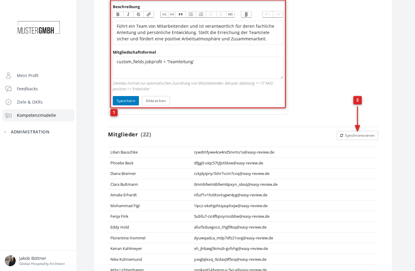 Jobprofil-Bearbeitungsseite mit Mitgliedschaftsformel und Mitglieder-Bereich