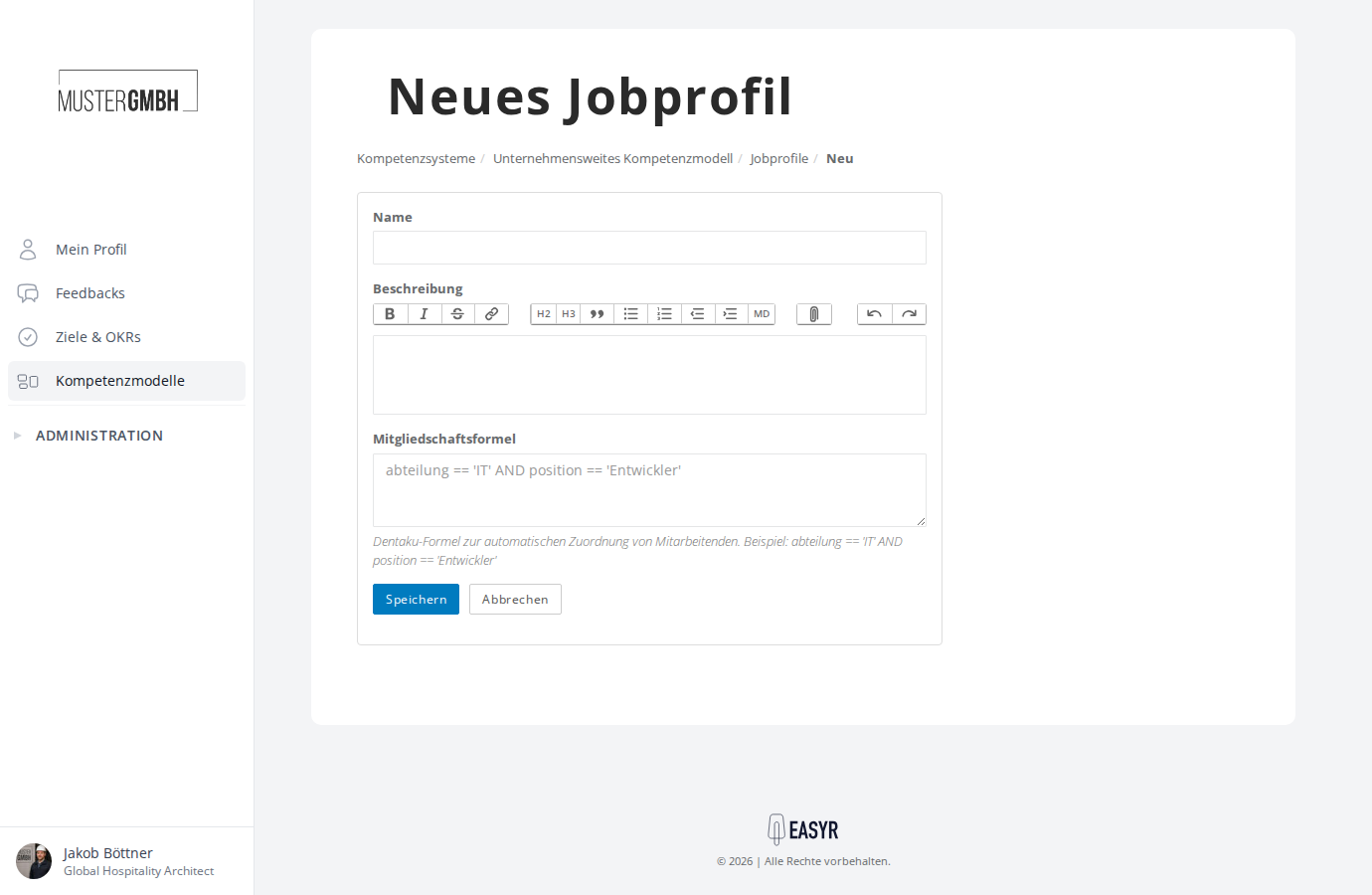 Formular zum Anlegen eines neuen Jobprofils