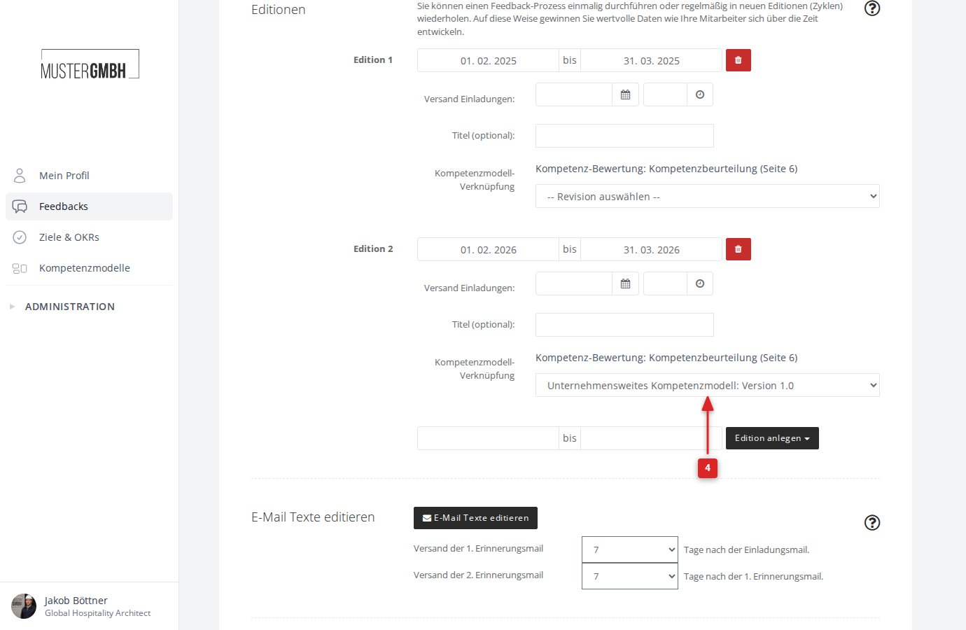 Editions-Einstellungen mit dem Bereich "Kompetenzmodell-Verknüpfung" und dem Revisions-Dropdown