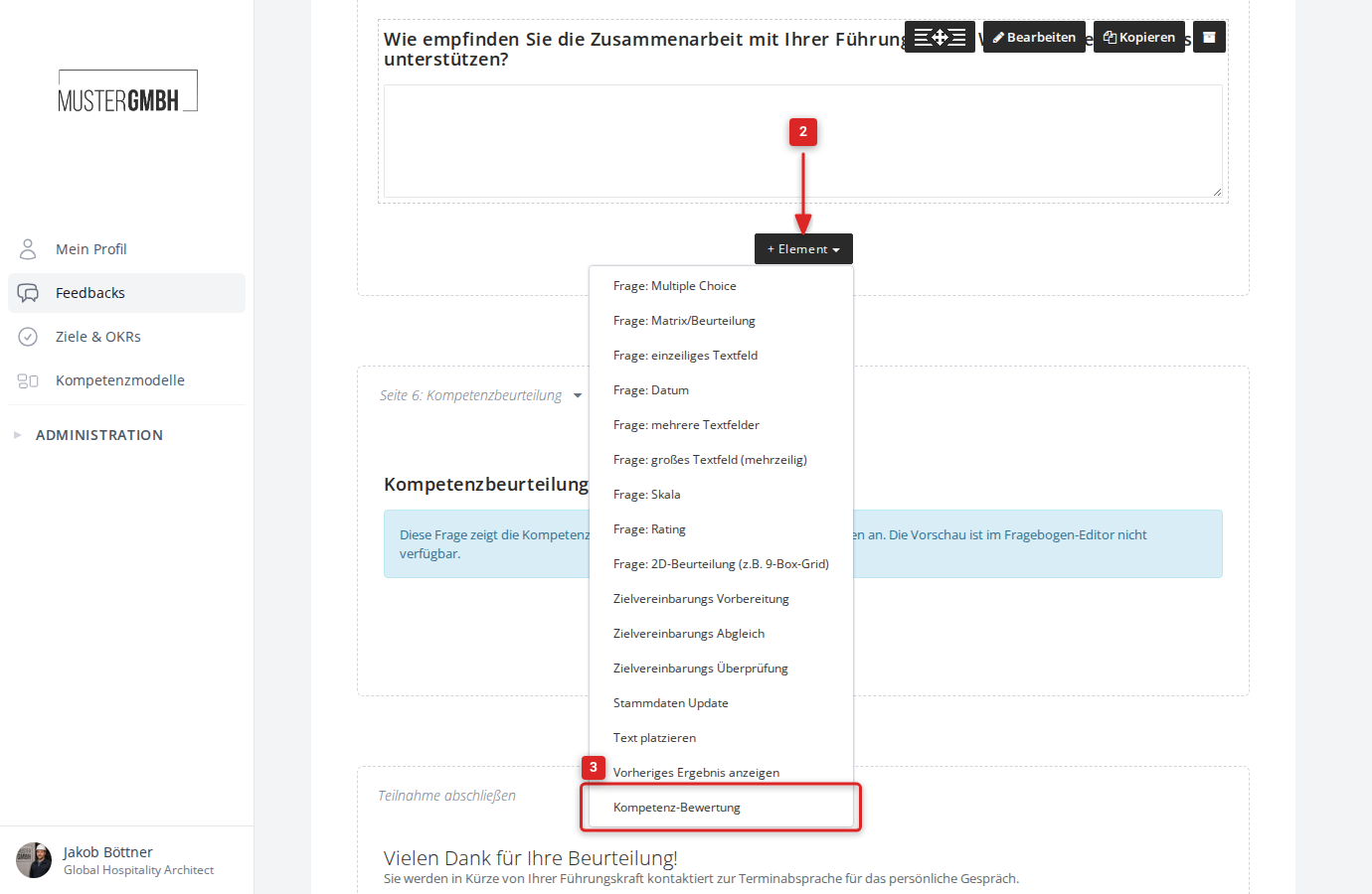 Fragebogen-Editor mit dem geöffneten Element-Dropdown, das den Fragetyp "Kompetenz-Bewertung" zeigt