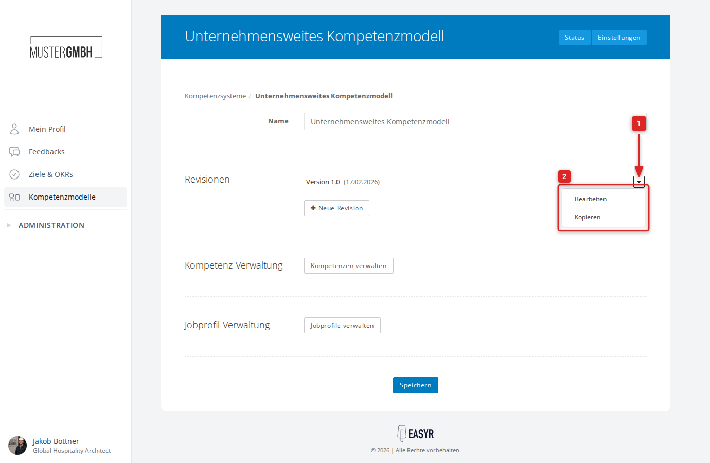 Revisionsliste auf der Einstellungsseite