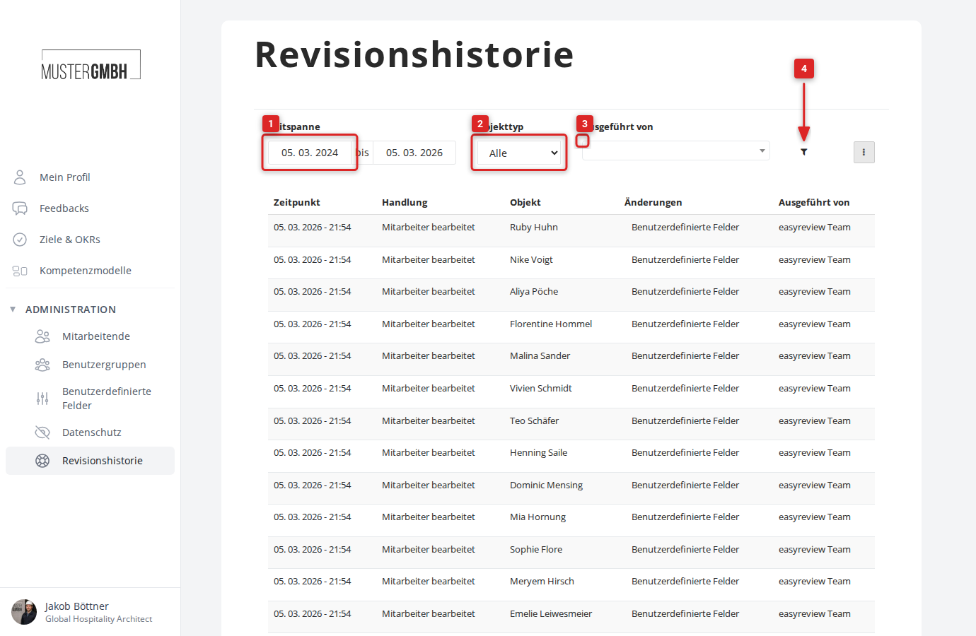 Filterbereich der Revisionshistorie