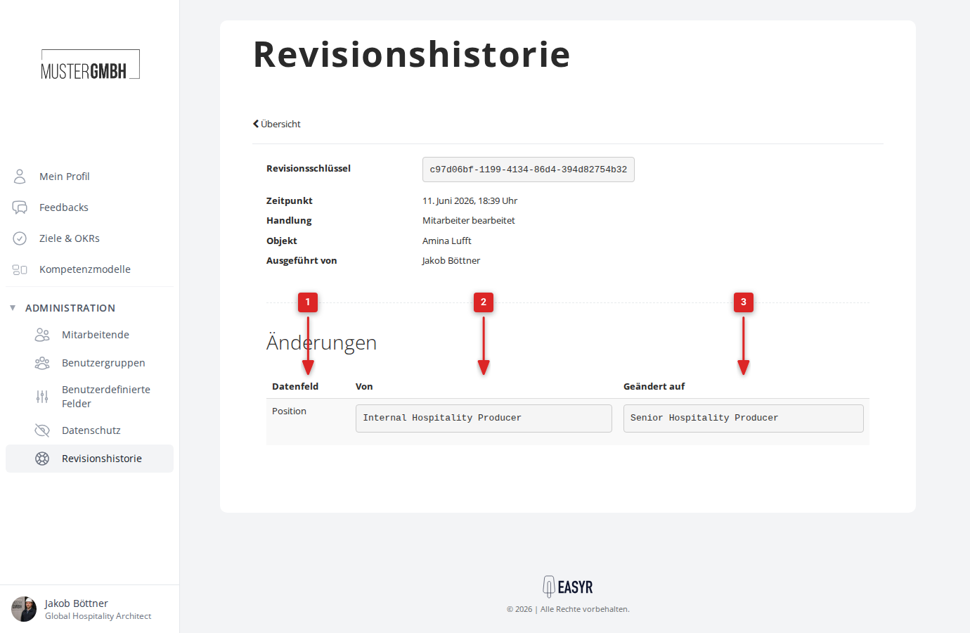 Unterer Teil der Detailseite mit der Änderungstabelle