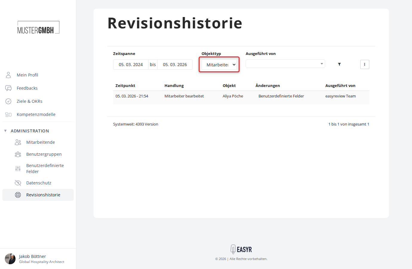 Revisionshistorie gefiltert nach einem Mitarbeiter