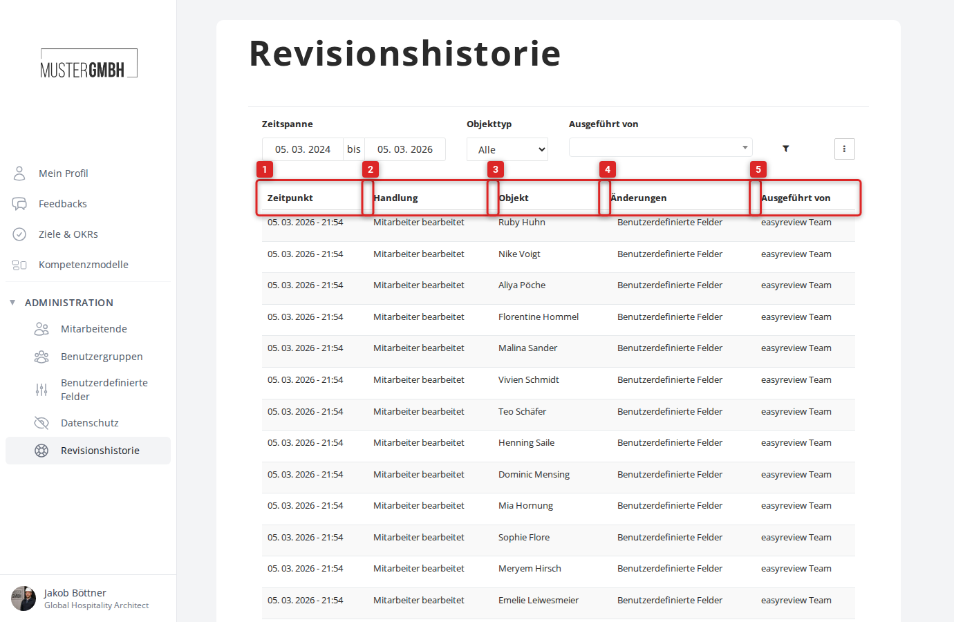 Spalten der Revisionshistorie-Tabelle