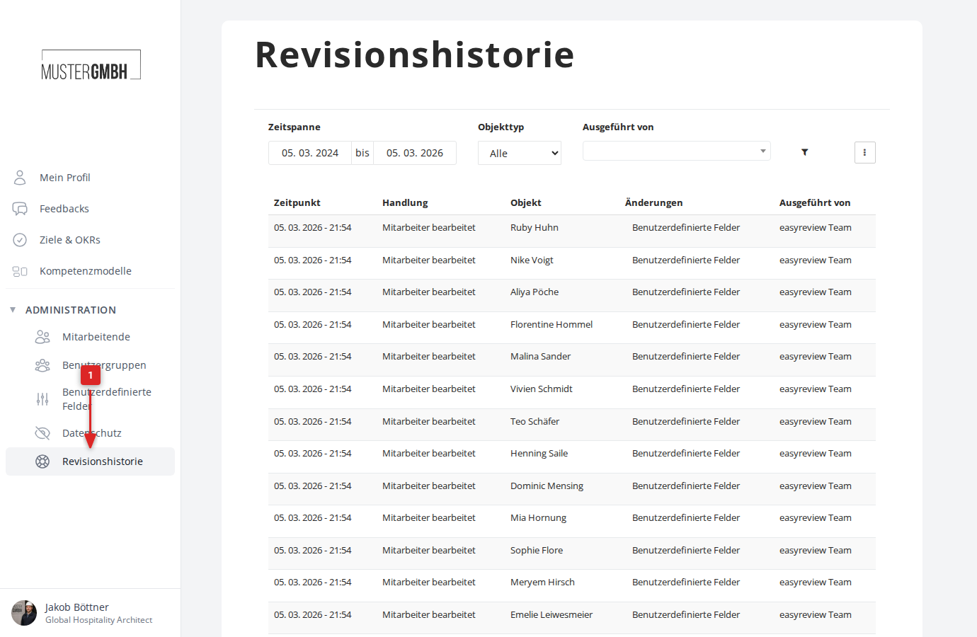 Übersichtsseite der Revisionshistorie mit Filtern und Tabelle
