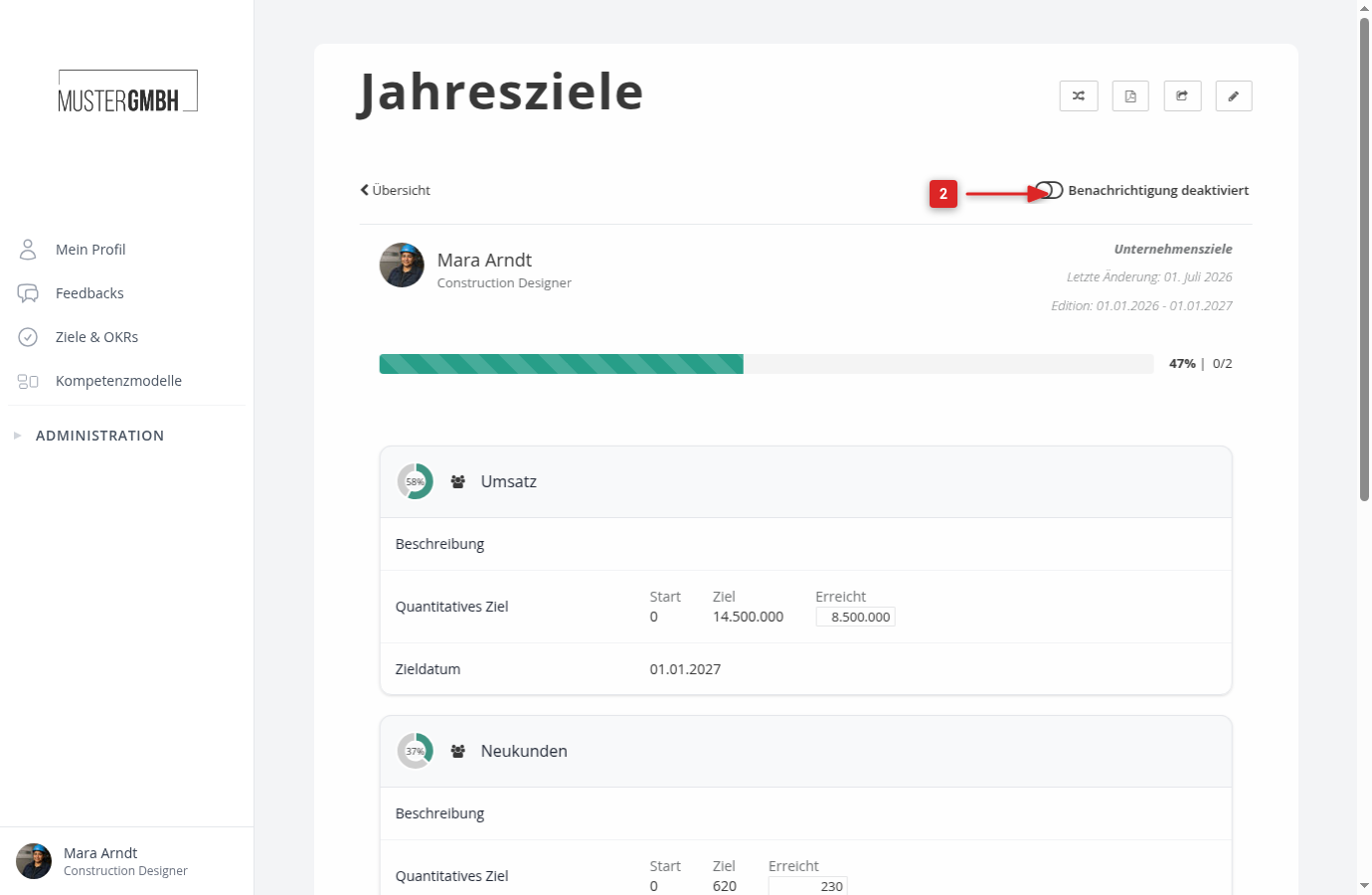 Detailansicht mit dem Schalter Benachrichtigung deaktiviert oben rechts