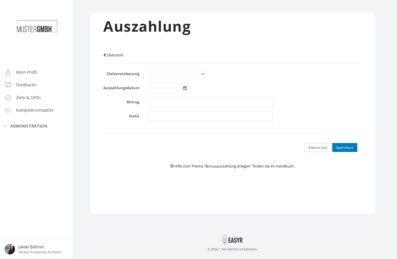Formular zum Anlegen einer Auszahlung