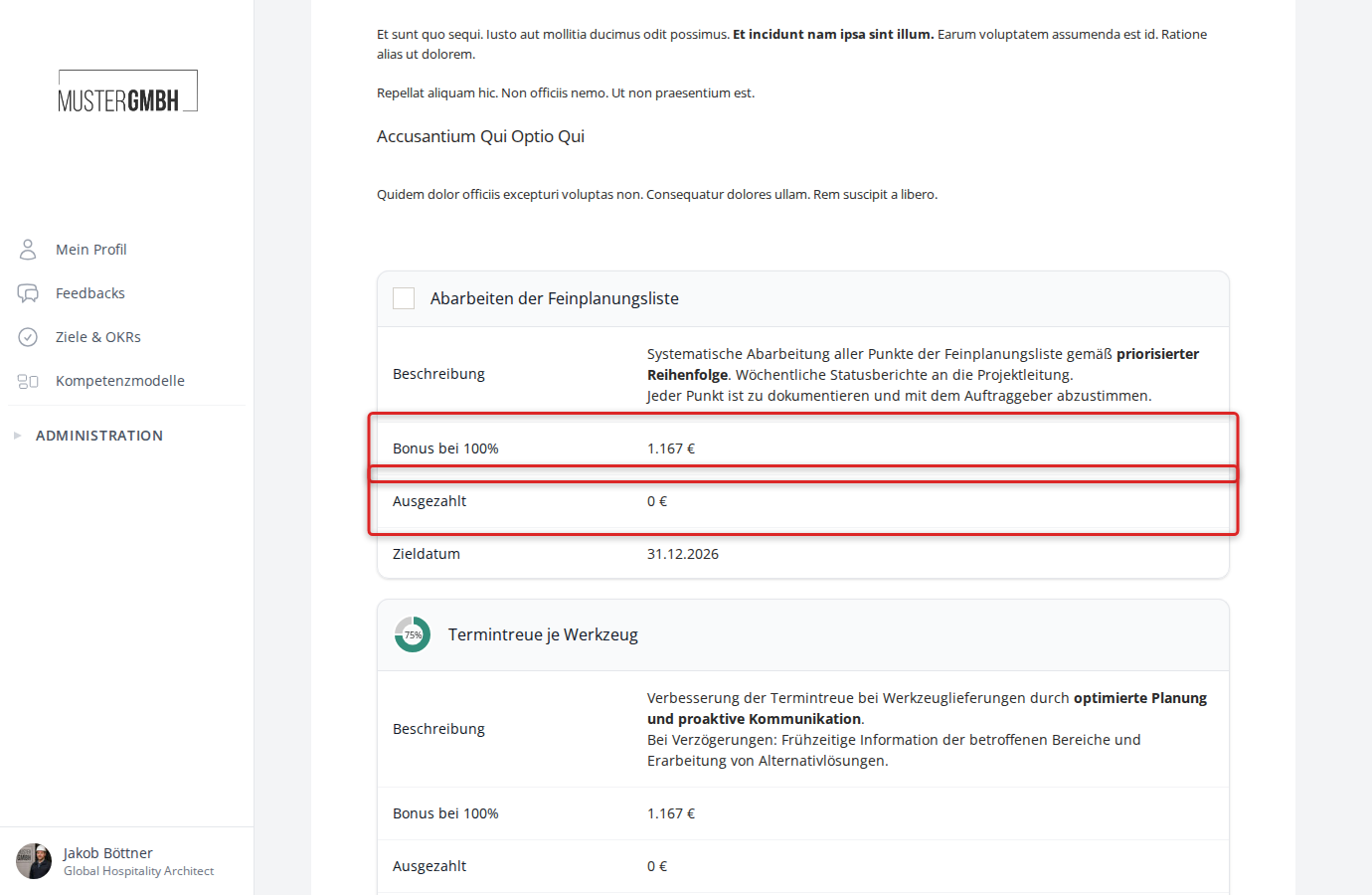 Zielkarte mit Bonus pro Einzelziel