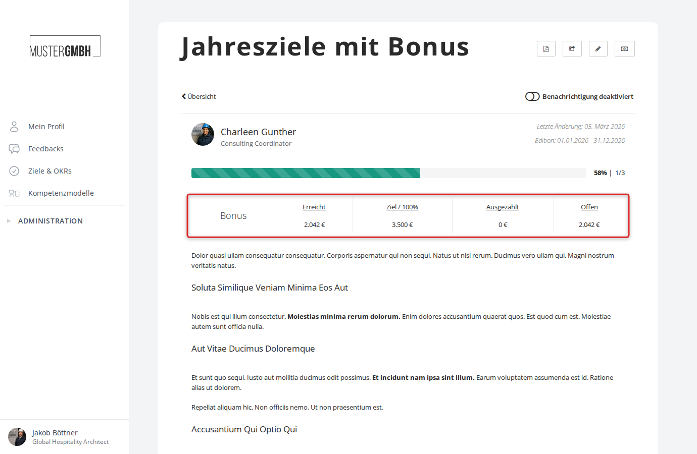 Detailansicht mit Bonustabelle unter dem Fortschrittsbalken