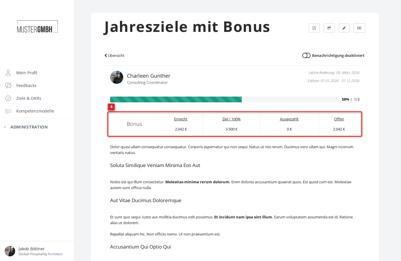 Bonustabelle in der Detailansicht einer Zielvereinbarung