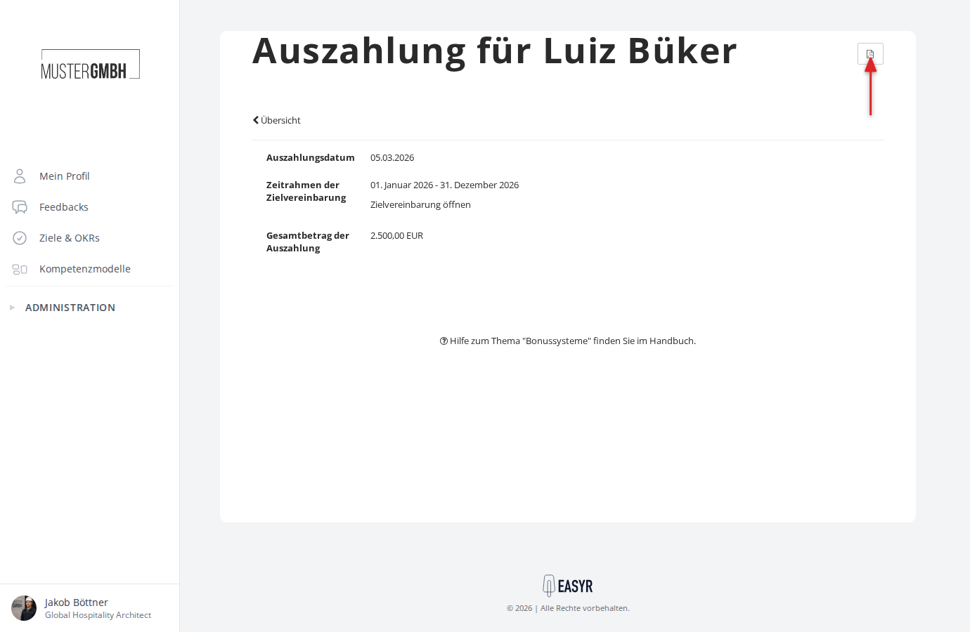 Detailansicht einer Auszahlung