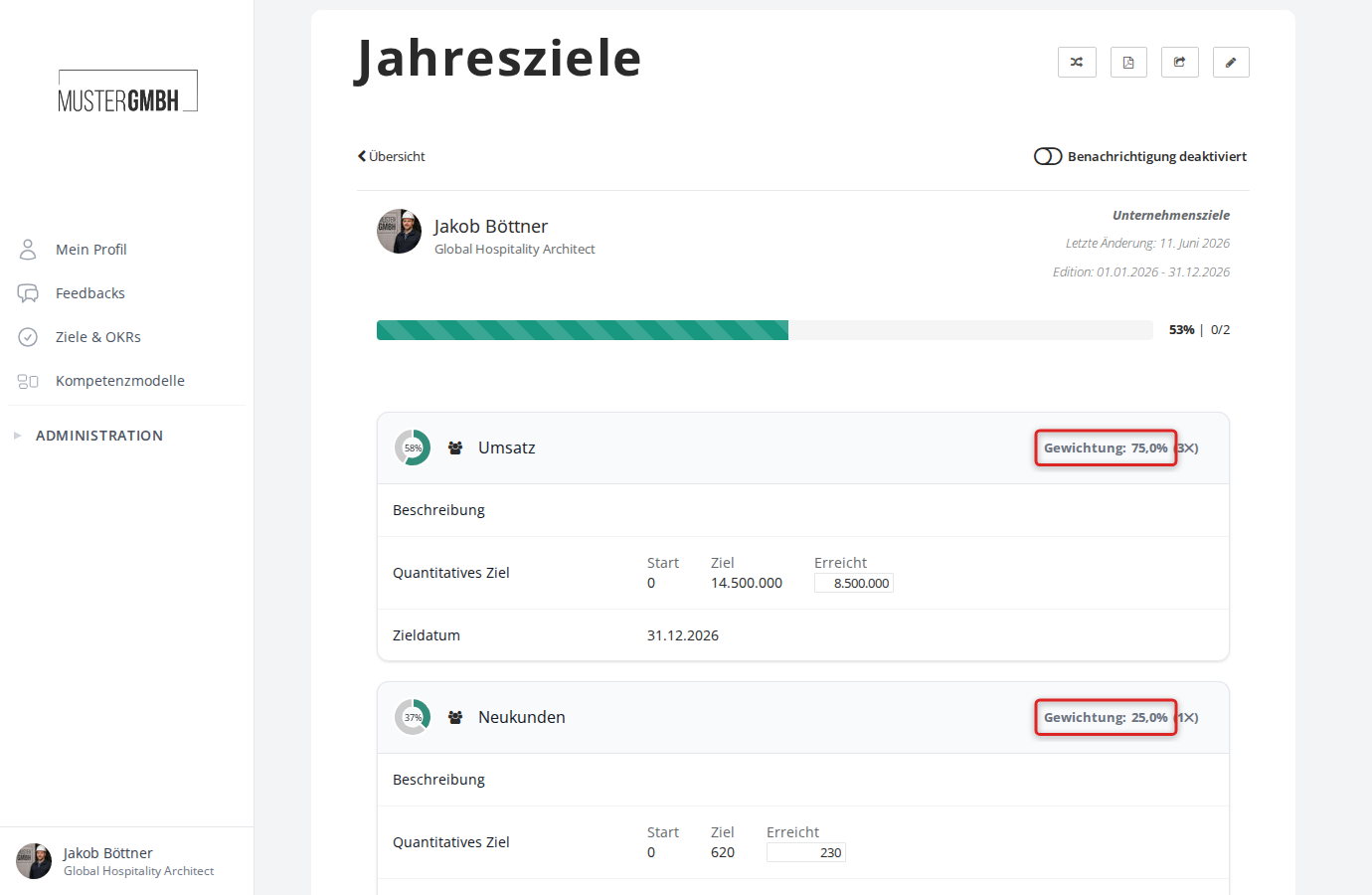 Gewichtungsanzeige in der Zielvereinbarung: "Gewichtung: 75,0% (3✕)" und "Gewichtung: 25,0% (1✕)"