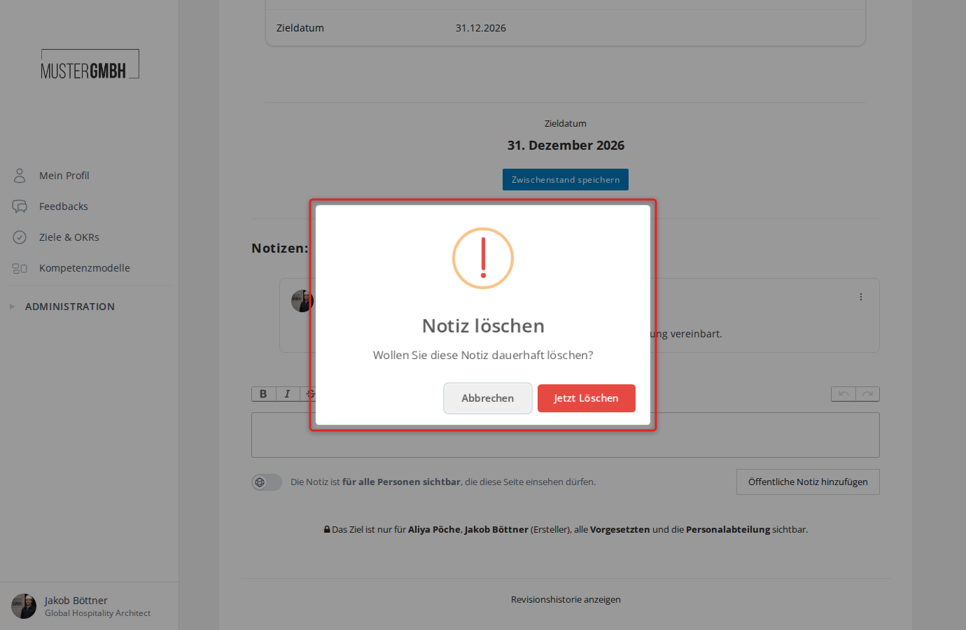 Bestätigungsdialog zum Löschen einer Notiz