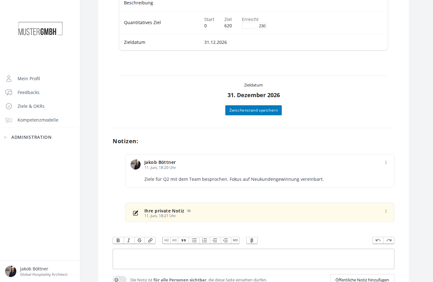 Notizen-Bereich mit öffentlicher und privater Notiz