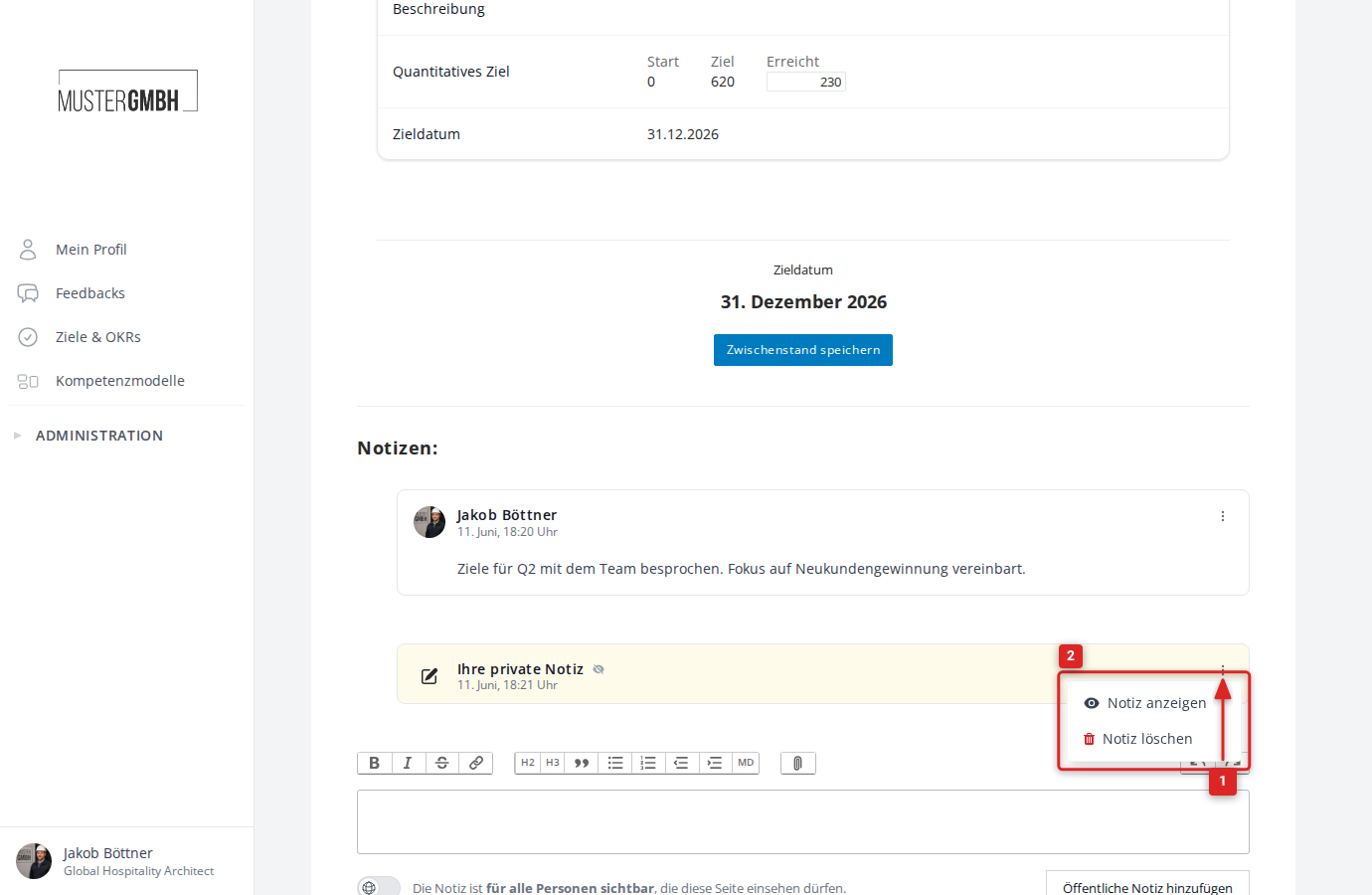 Kontextmenü einer privaten Notiz mit "Notiz anzeigen"