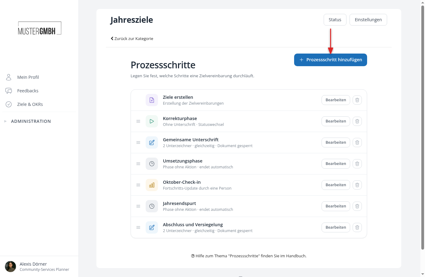 Schrittliste mit vorhandenen Prozessschritten und dem Button zum Hinzufügen