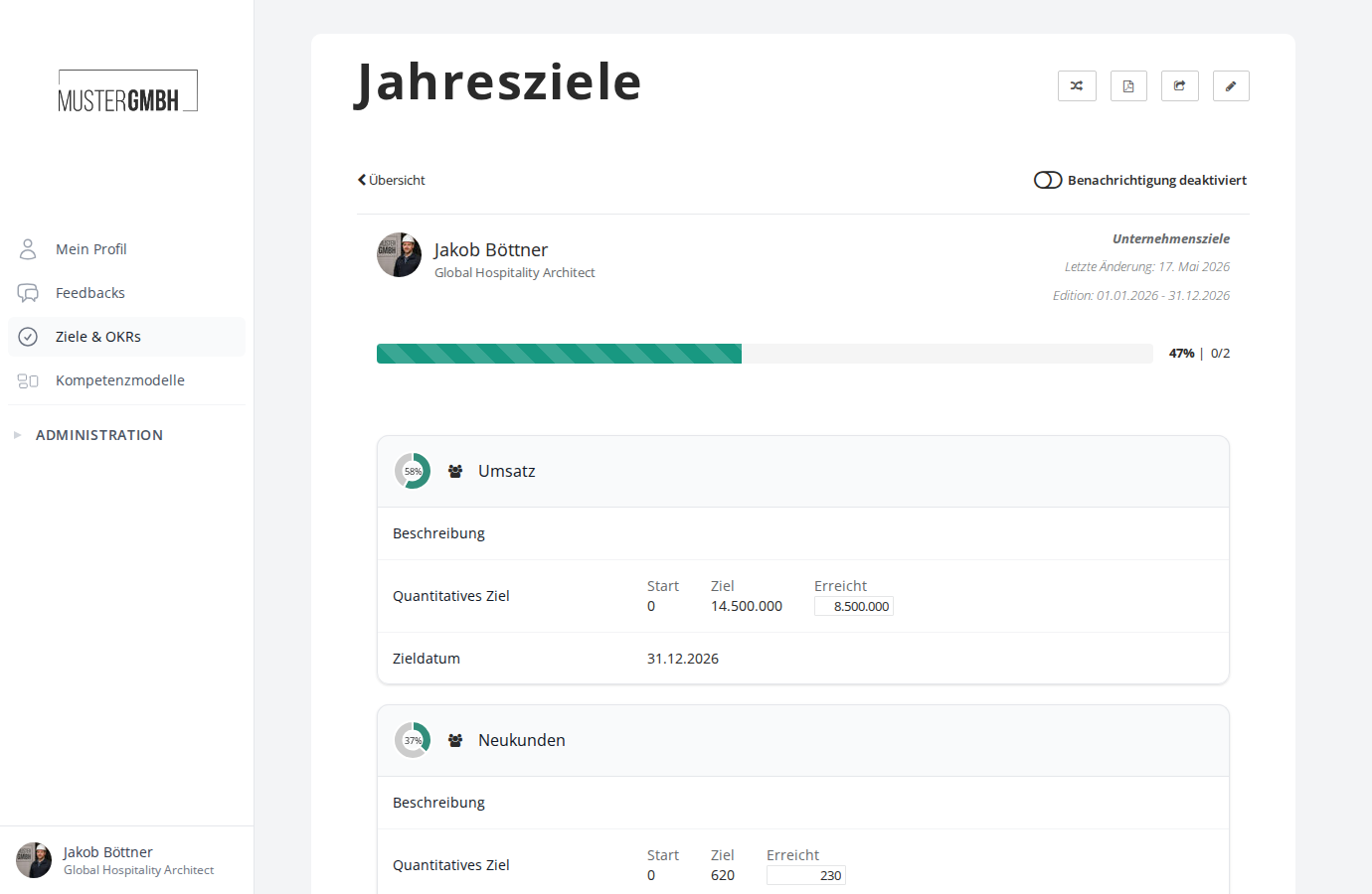 Unterziele in der Detailansicht mit Fortschrittsanzeige