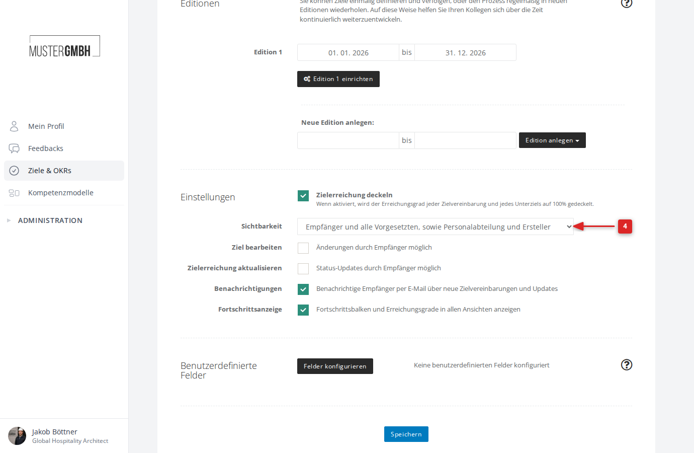 Einstellungsseite des Zielprozesses mit dem Sichtbarkeits-Dropdown