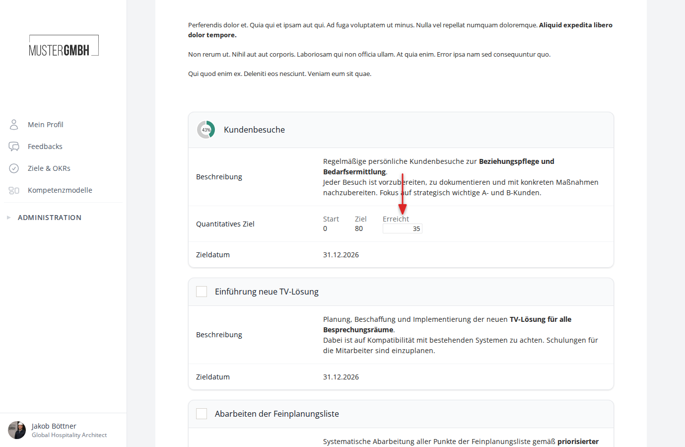 Quantifiziertes Unterziel mit Start, Ziel und Erreicht-Feld