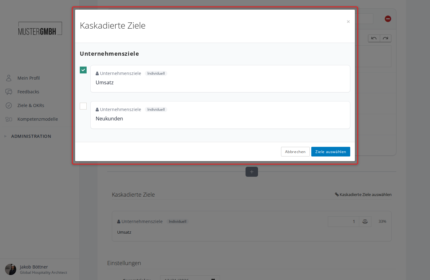 Dialog Kaskadierte Ziele auswählen