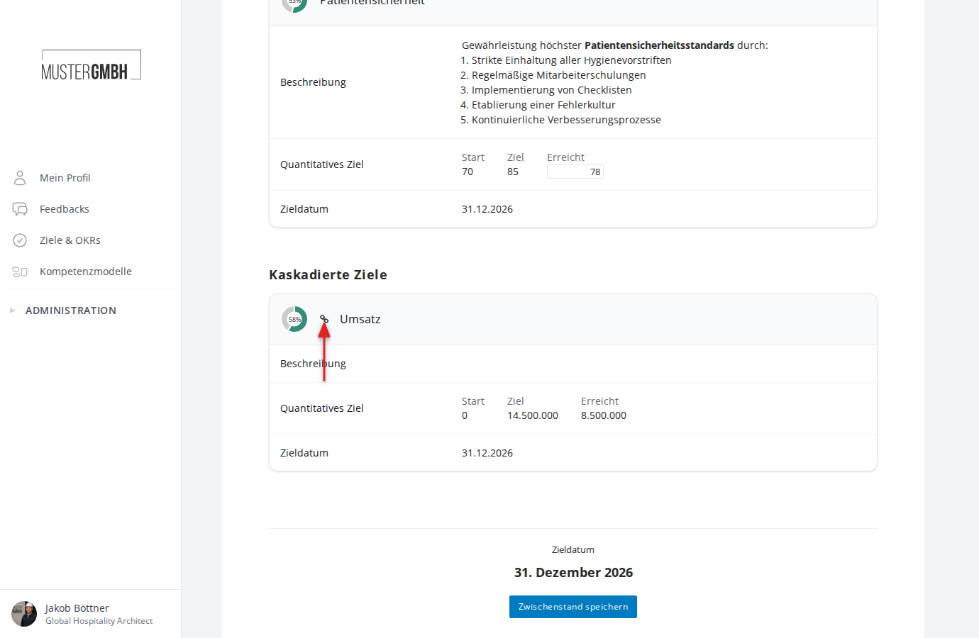 Kaskadiertes Ziel beim Mitarbeiter mit Verlinkungs-Symbol