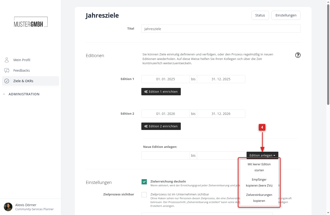 Editionen-Bereich in den Einstellungen mit geöffnetem Dropdown zum Anlegen einer neuen Edition