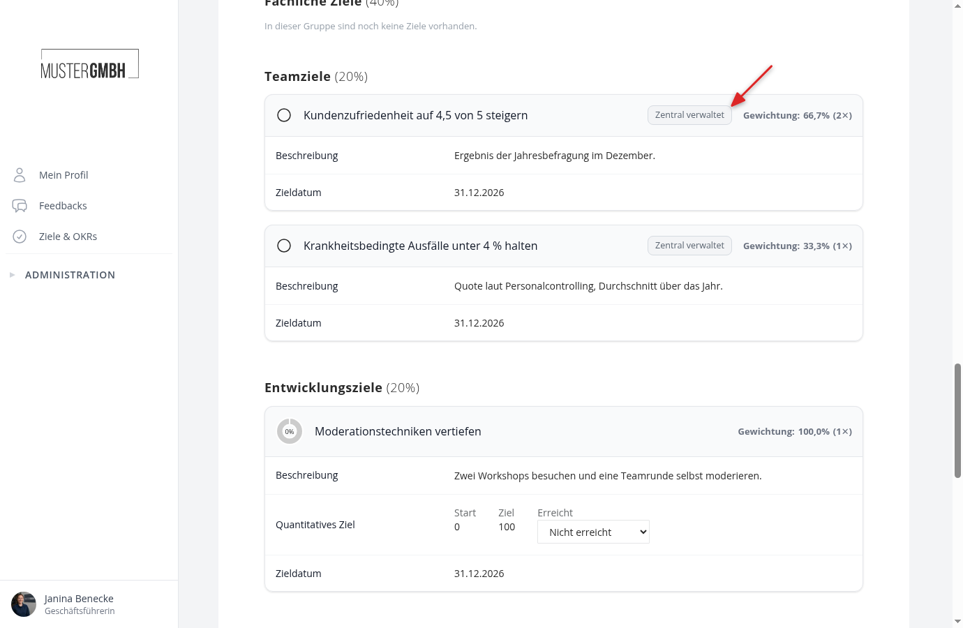 Zielvereinbarung mit zwei zentral verwalteten Zielen in der Gruppe Teamziele