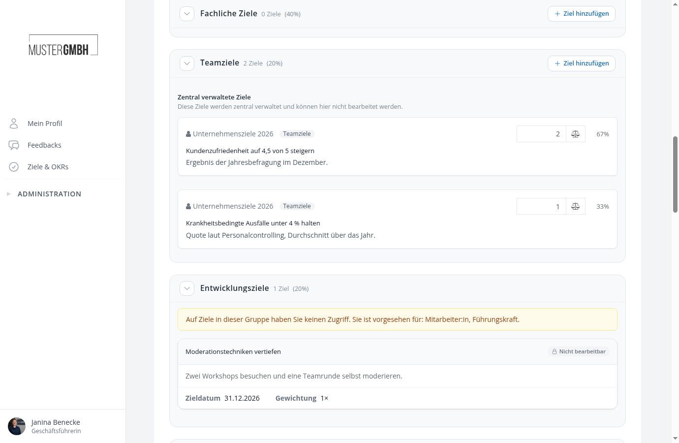 Bearbeitungsformular mit dem Block Zentral verwaltete Ziele in der Gruppe Teamziele