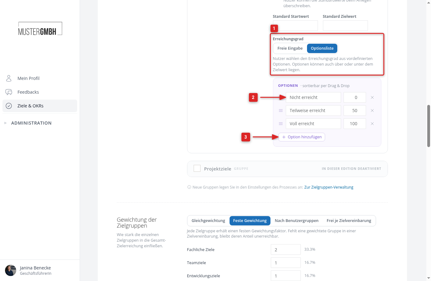 Erreichungsgrad einer Gruppe auf Optionsliste umgestellt, mit drei Optionen und dem Button Option hinzufügen