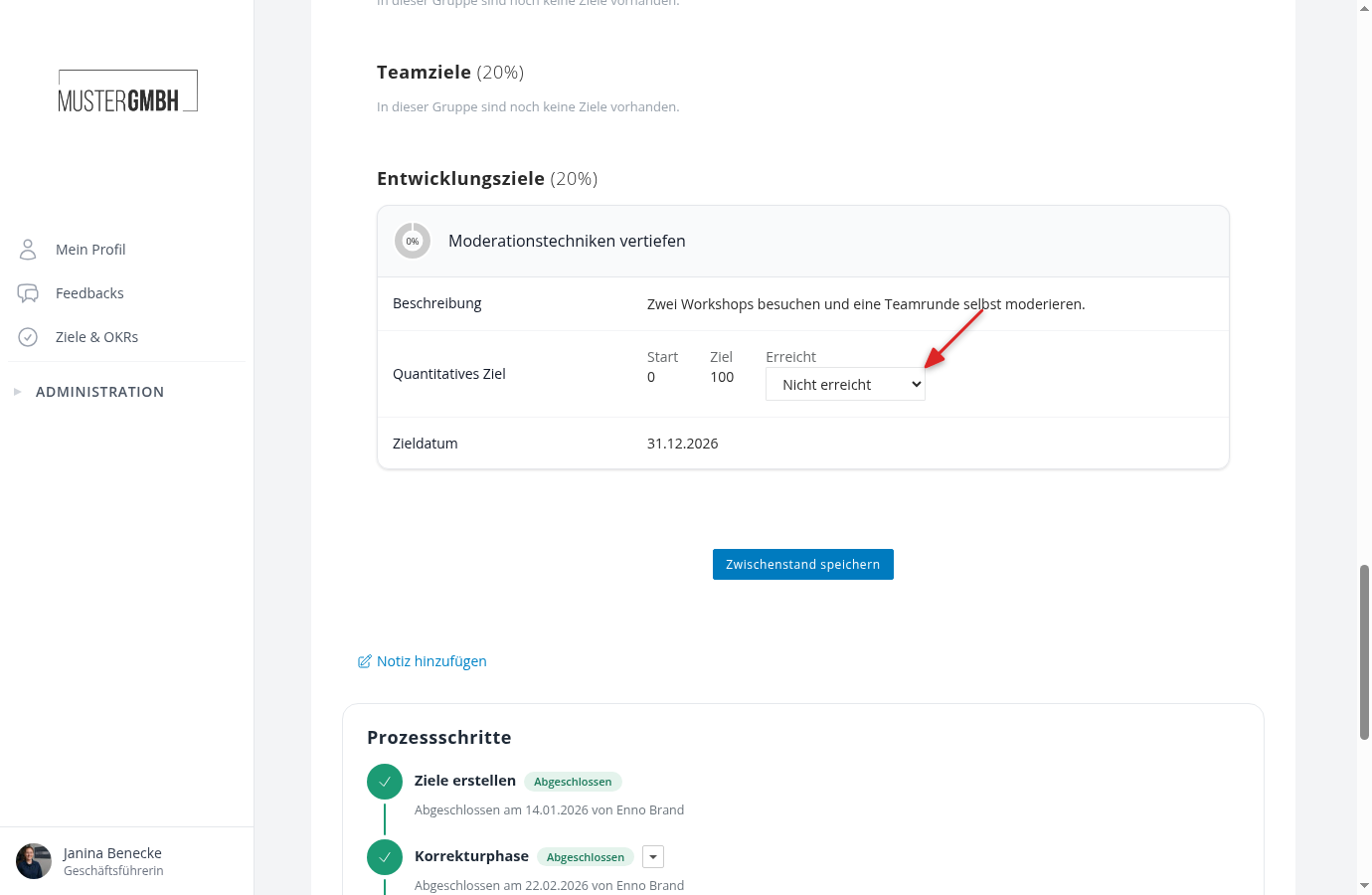 Zielkarte in der Detailansicht mit der Auswahl des Erreichungsgrads aus der Optionsliste