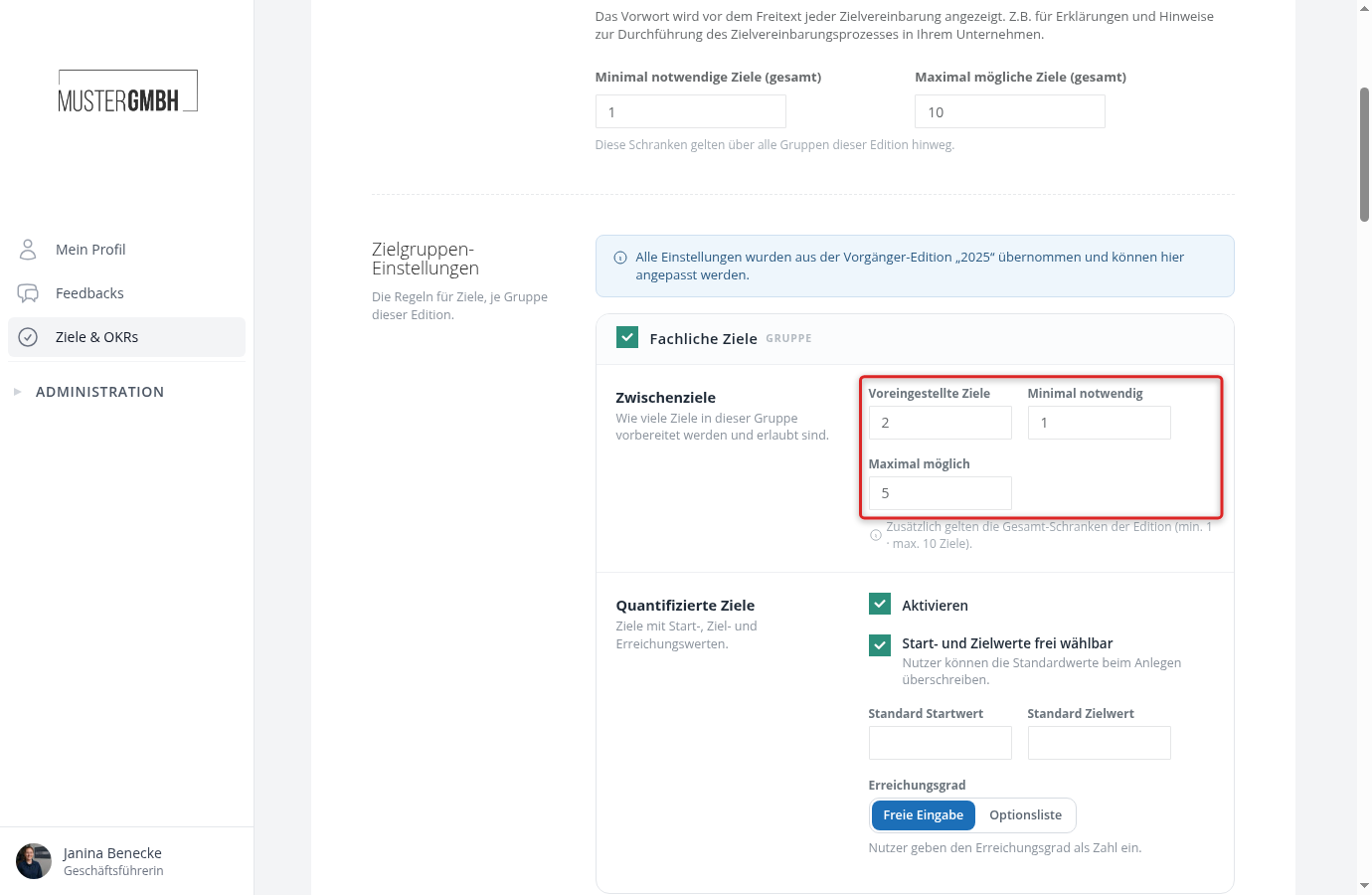 Block einer Zielgruppe mit den drei Feldern Voreingestellte Ziele, Minimal notwendig und Maximal möglich