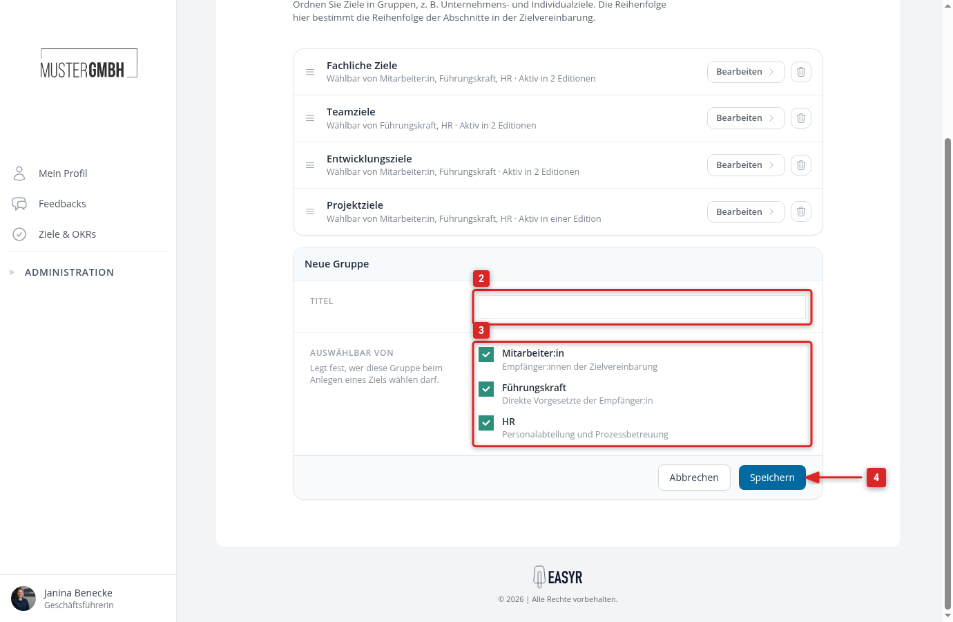 Formular "Neue Gruppe" mit Titel, den drei Rollen unter "Auswählbar von" und dem Speichern-Button