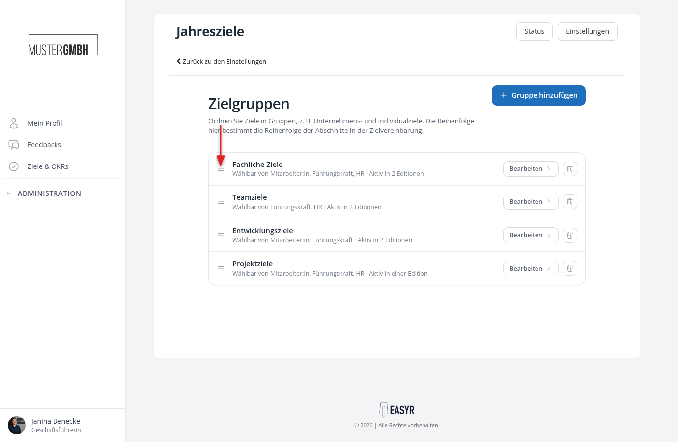 Zielgruppen-Liste mit dem Griff zum Verschieben einer Gruppe