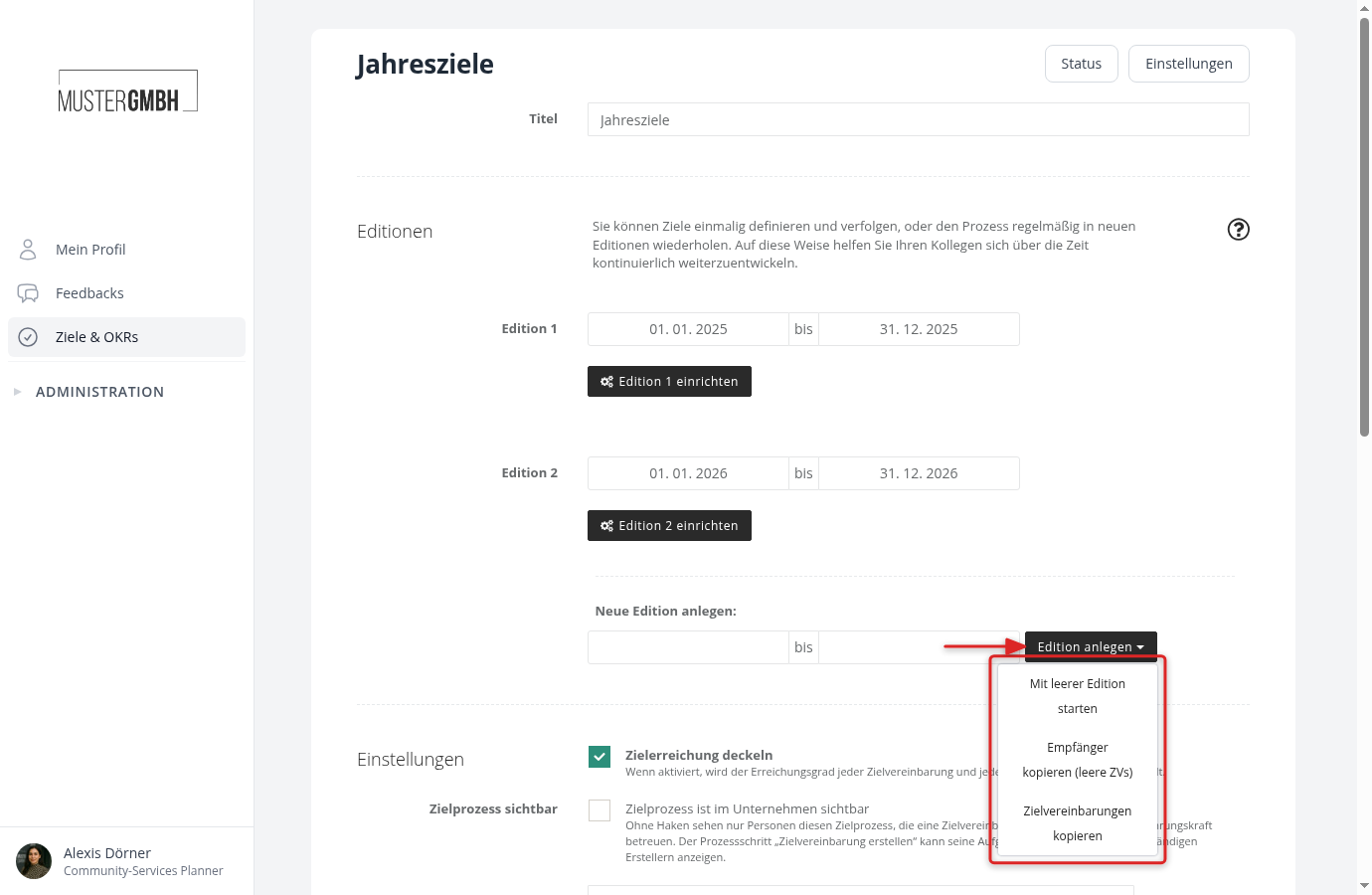 Editionen-Bereich mit Optionen für neue Editionen