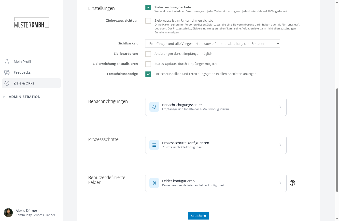 Einstellungen-Bereich mit allen Optionen des Zielprozesses