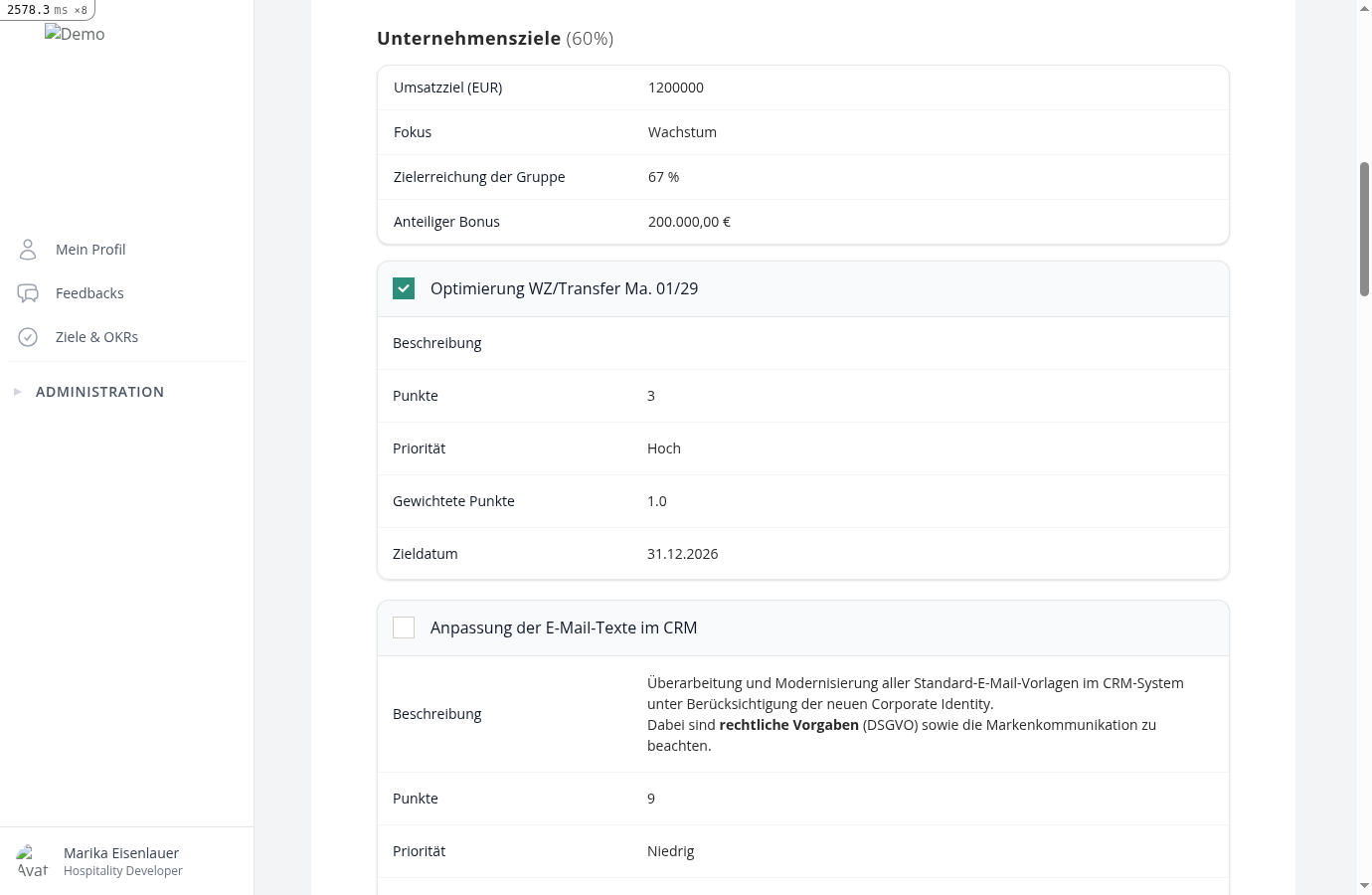 Detailansicht einer Zielvereinbarung mit dem Feldblock der Gruppe Unternehmensziele über den Zielen, inklusive zweier ausgewerteter Formelfelder