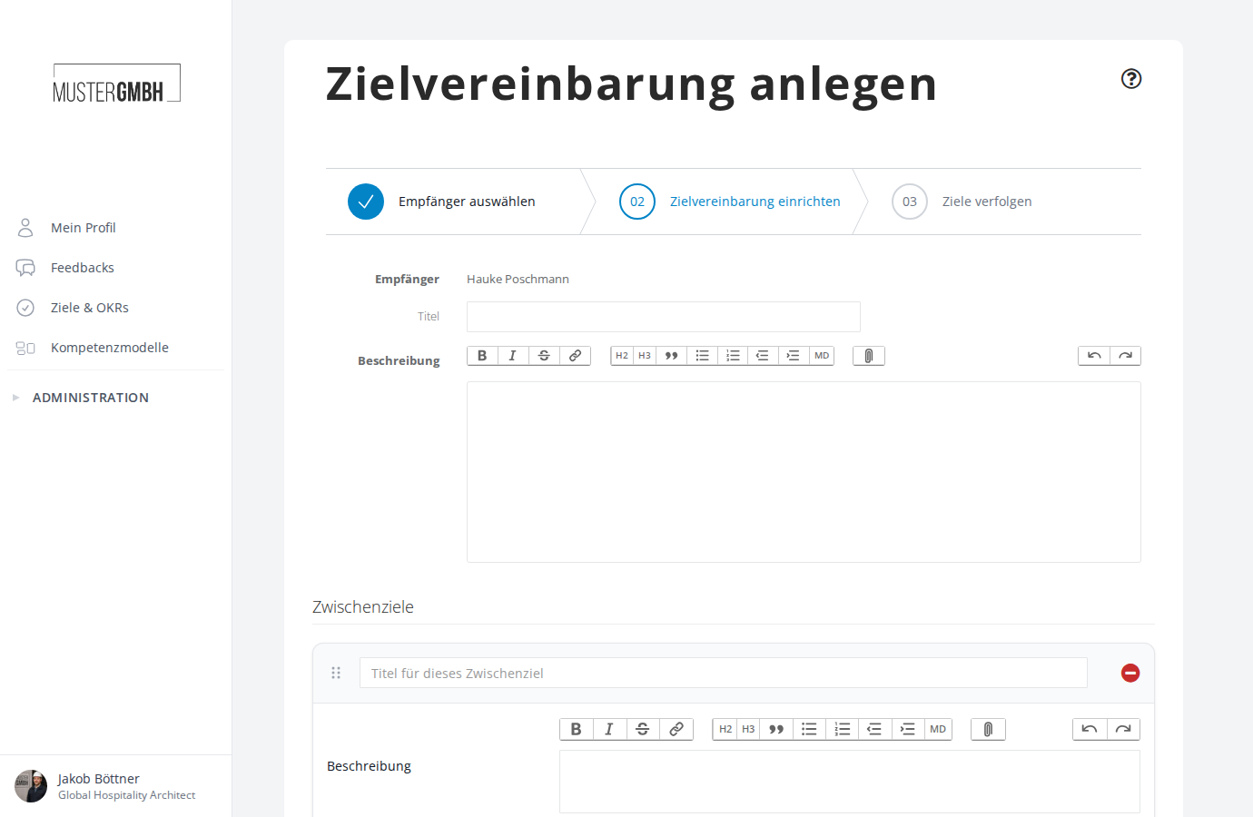Formular "Zielvereinbarung einrichten" mit Empfänger, Titel und Beschreibung