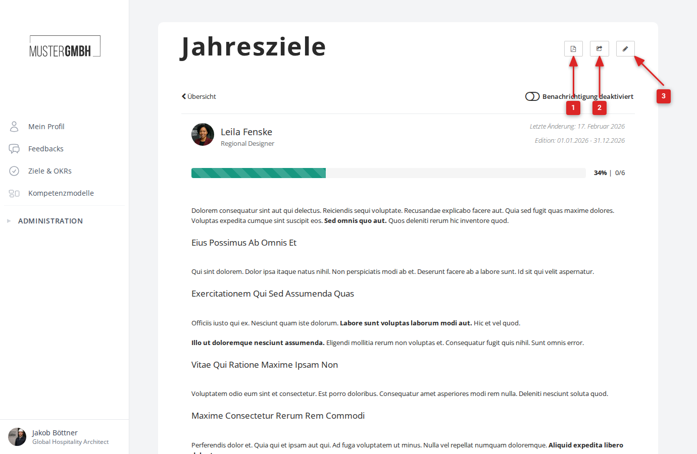 Aktionsschaltflächen im Kopfbereich