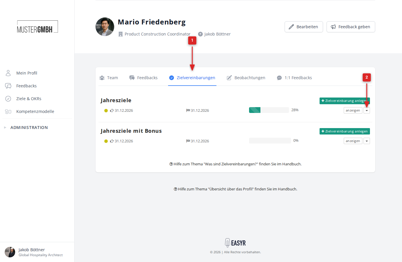 Zielvereinbarungen-Reiter im Mitarbeiterprofil