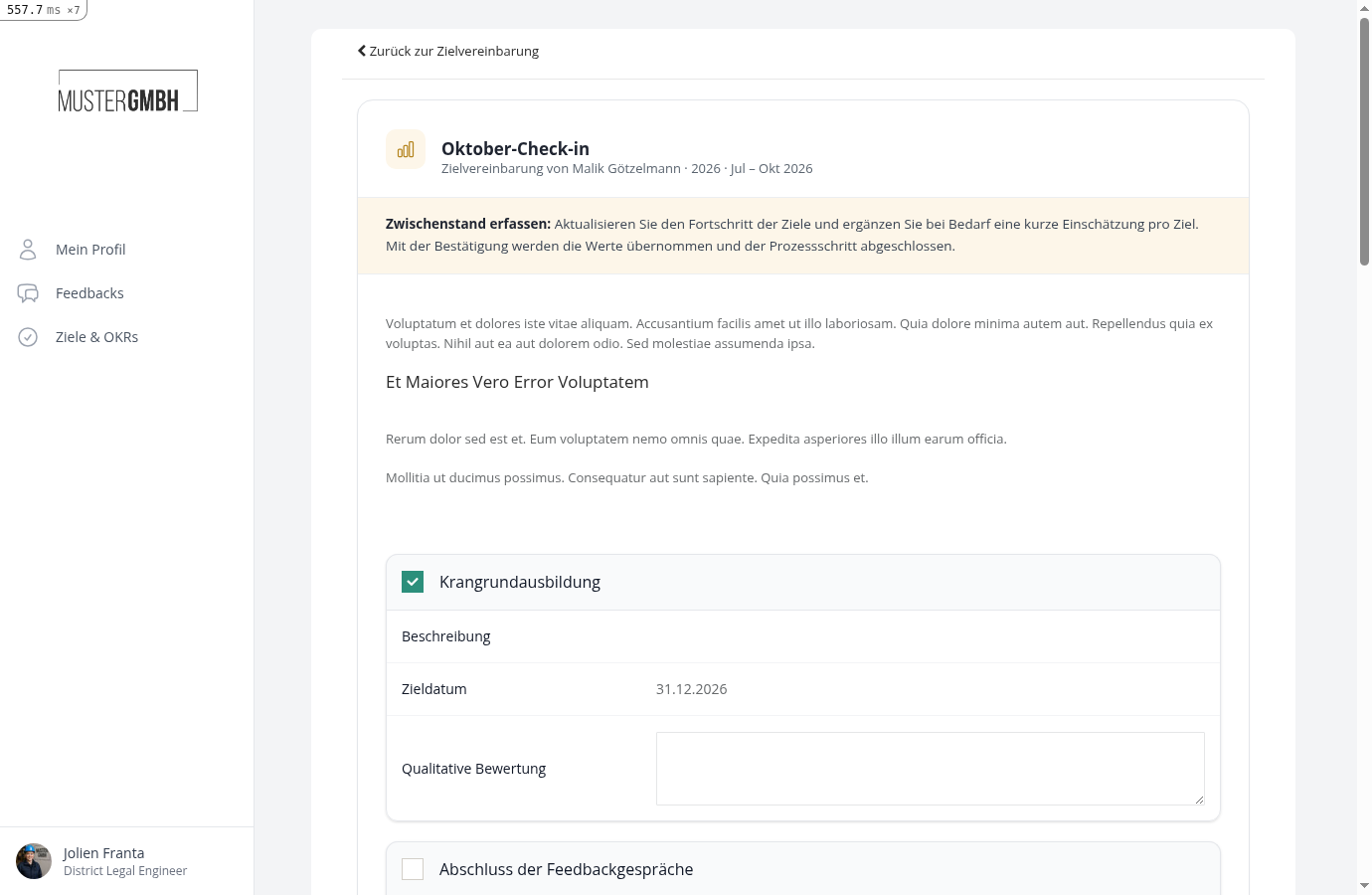Geführter Dialog zum Erfassen des Zwischenstands mit Zielkarten